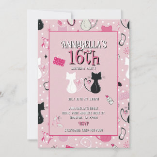 Mitte des Jahrhunderts rosa Herz Katzen Geburtstag Einladung