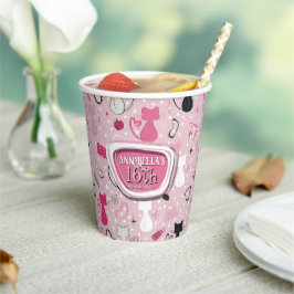 Mitte des Jahrhunderts rosa Herz Katzen Geburtstag Pappbecher