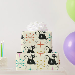 Mitte des Jahrhunderts schwarze atomare Katze mit  Geschenkpapier