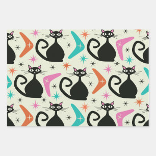 Mitte des Jahrhunderts schwarze atomare Katzen mit Geschenkpapier Set