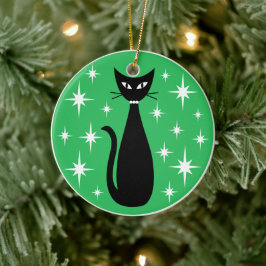 Mitte des Jahrhunderts schwarze Katze mit weißen S Keramik Ornament
