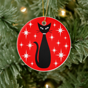 Mitte des Jahrhunderts schwarze Katze mit weißen S Keramik Ornament