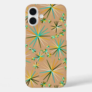 Mitte des Jahrhunderts Sputnik-Muster, Taupe-Tan iPhone 16 Plus Hülle