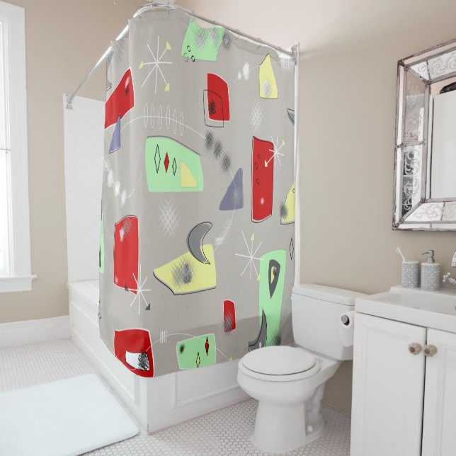 Mitte- des Jahrhundertsbumerangs und abstraktes Duschvorhang (Beispiel)