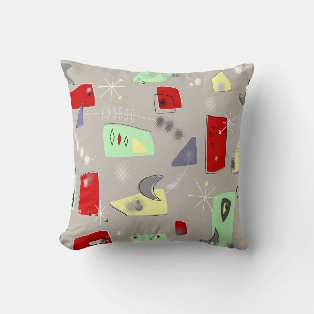 Mitte- des Jahrhundertsmoderne Atombumerang-rotes Kissen (Vorderseite)