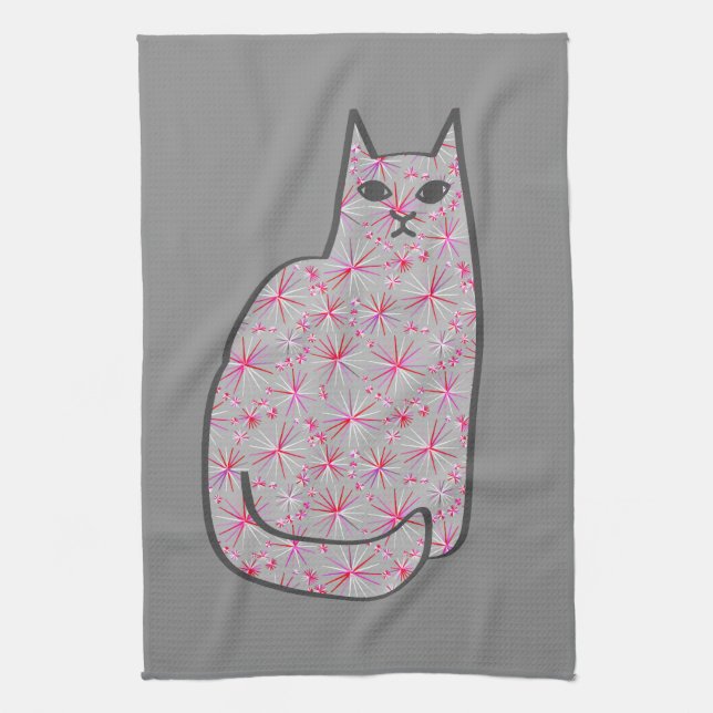 Mitte- des Jahrhundertsmoderne Katze, grau/Grau Geschirrtuch (Vertikal)