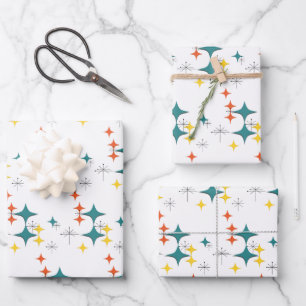 Mitte Jahrhundert Diamonds Sternexplosionen Türkis Geschenkpapier Set