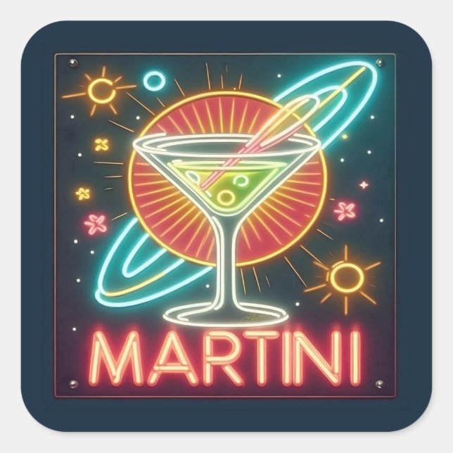 Mitte Jahrhundert Neon Martini Signi Quadratischer Aufkleber (Vorderseite)
