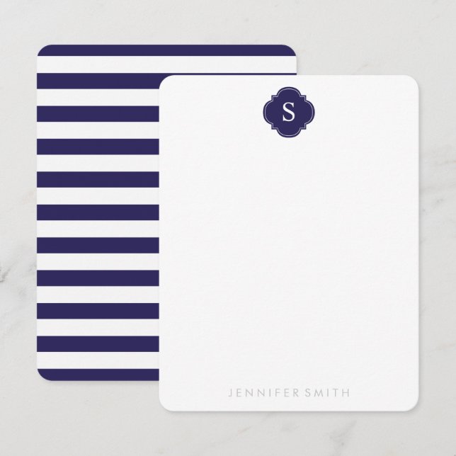 Mitteilungskarten für Navy-Quatrefolien-Monogramm  (Vorne/Hinten)