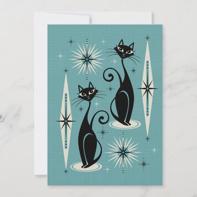 Mittelalter bedeutet Retro-Atomkatzen auf blau Einladung (Vorderseite)