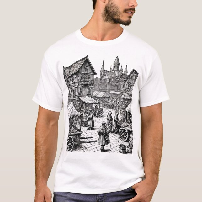 Mittelalter Marktplatz HandGezeichnet Sketch T-Shirt (Vorderseite)