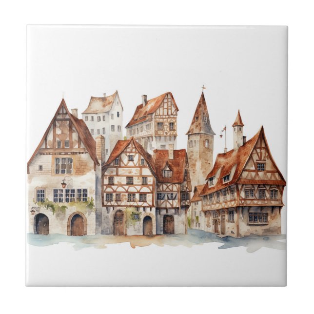 Mittelalterliche Altstadt Aquarell Fliese (Vorderseite)