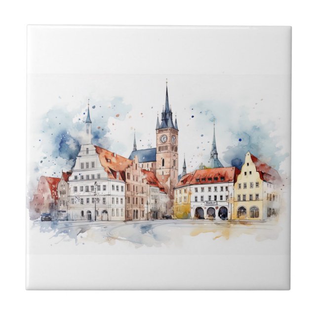 Mittelalterliche Altstadt Aquarell Fliese (Vorderseite)