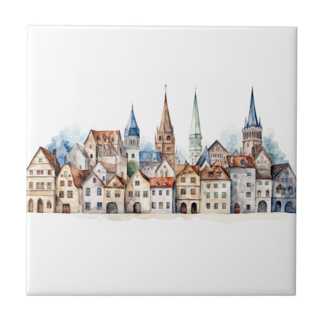 Mittelalterliche Altstadt Aquarell Fliese (Vorderseite)