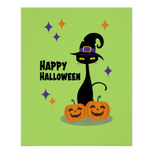 Mittelalterliche atomare Halloween-Katze Grün Poster