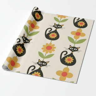 Mittelalterliche Atomkatzen mit retro orangen Blum Geschenkpapier