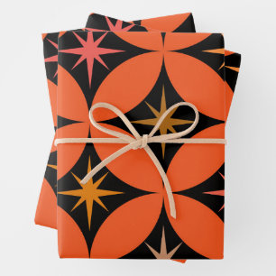 Mittelalterliche Atomsterne auf orangen Kreisen Geschenkpapier Set