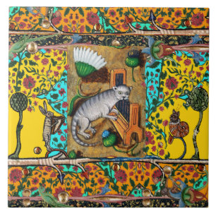 mittelalterliche BESTIAR-MUSIK,KATZE SPIELT ORGEL Fliese