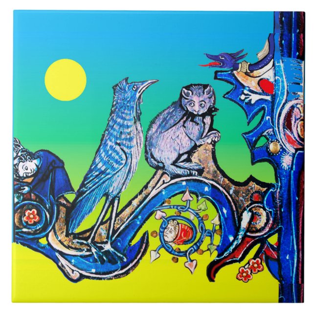 MITTELALTERLICHE BEWÄHRTE NACHT BLUE CAT, CUCKOO B FLIESE (Vorderseite)