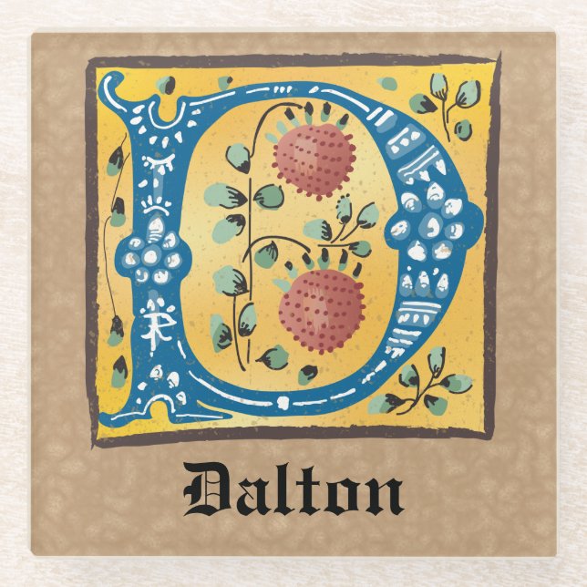 mittelalterliche blorbeleuchtete Buchstaben D Mono Glasuntersetzer (Vorderseite)