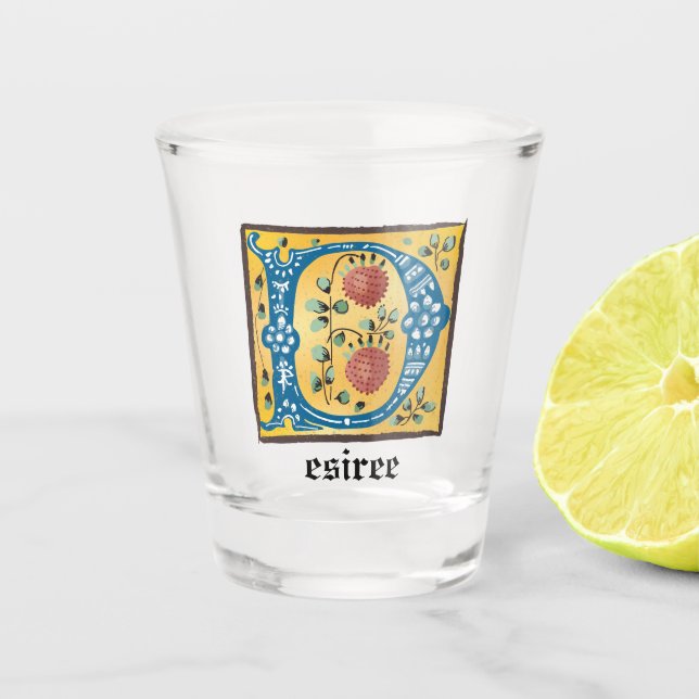 mittelalterliche blorbeleuchtete Buchstaben D Mono Schnapsglas (Vorderseite)