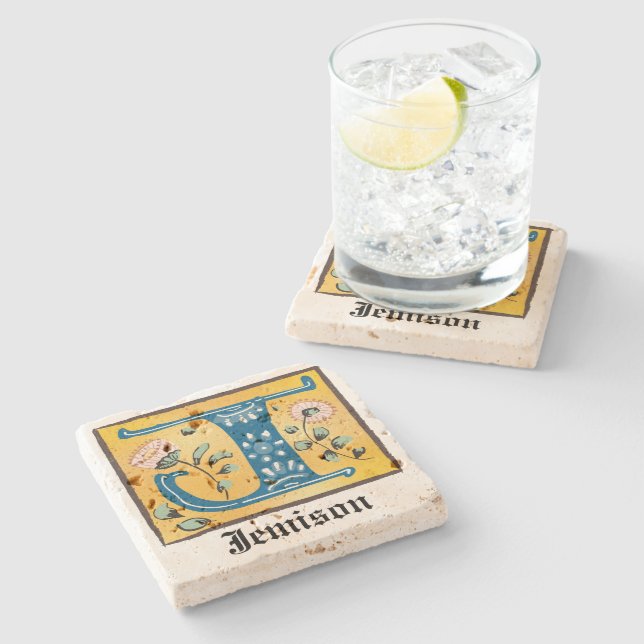 mittelalterliche blorbeleuchtete Buchstaben J Mono Steinuntersetzer (Seitenansicht)