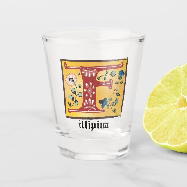 mittelalterliche blorleuchte Letter F Monogramm Schnapsglas (Vorderseite)