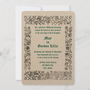 Mittelalterliche Blumenrand-Hochzeit im Holzschnit Einladung