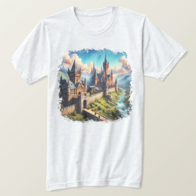 Mittelalterliche Burg im Tal des Massivs T-Shirt (Design vorne)