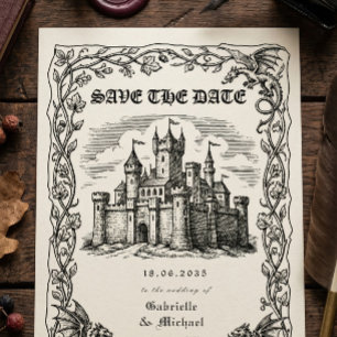 Mittelalterliche Burg Schwarz-Weiß-Illustration Save The Date
