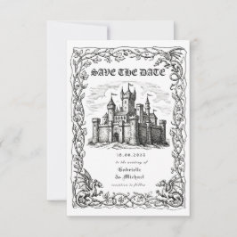 Mittelalterliche Burg Schwarz-Weiß-Illustration Save The Date