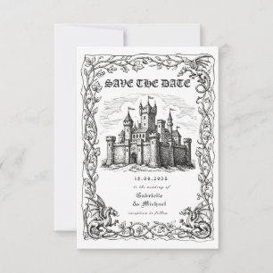 Mittelalterliche Burg Schwarz-Weiß-Illustration Save The Date