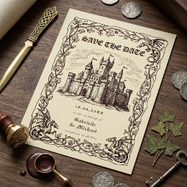 Mittelalterliche Burg Sepia-Illustration Hochzeit Save The Date