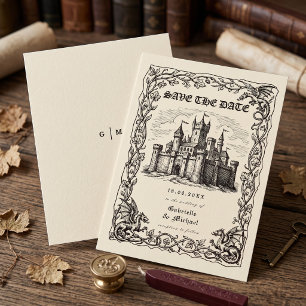 Mittelalterliche Burg Sepia-Illustration Hochzeit Save The Date