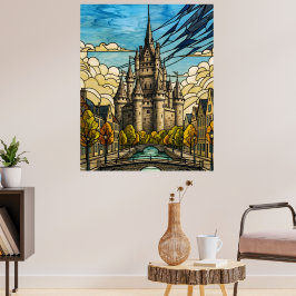 Mittelalterliche Burg über Kanal Buntglas Kunst Il Poster