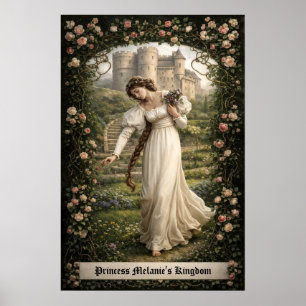 Mittelalterliche Burg und Prinzessin beim Blumenpf Poster