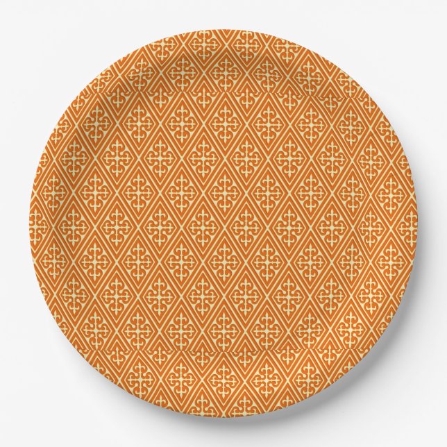 Mittelalterliche Damaskop-Karo, Mandarine Pappteller (Vorderseite)