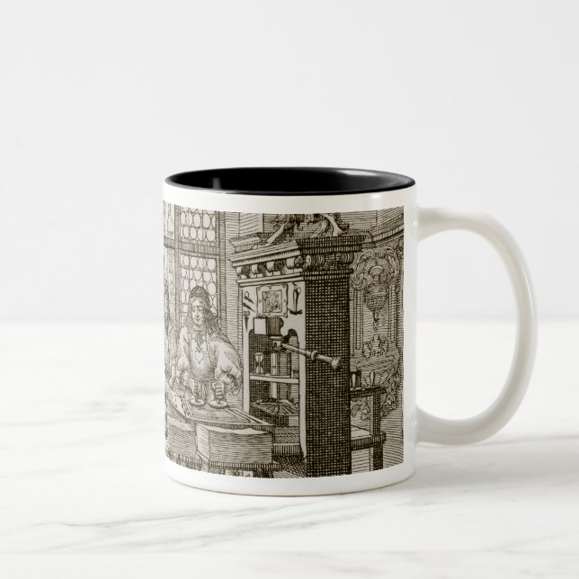 Mittelalterliche deutsche Druckmaschine (Stich) Zweifarbige Tasse (Rechts)