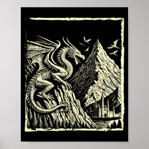 Mittelalterliche Drachen Berg Burg Mythische Männe Poster