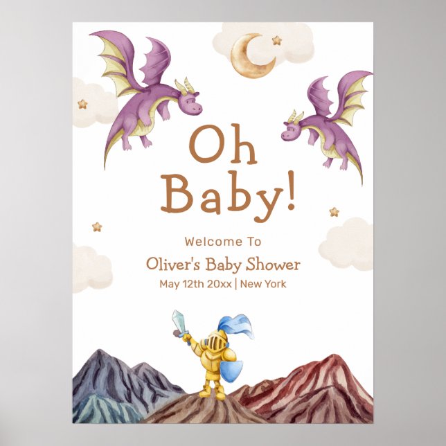 Mittelalterliche Drachenjunge Babydusche Willkomme Poster (Vorne)