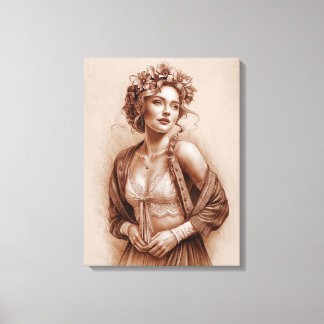 Mittelalterliche Elegante: Sepia Flora Crowned Fem Leinwanddruck
