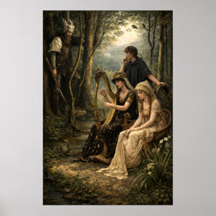 Mittelalterliche Fee-Königin im Wald mit Harfe Poster