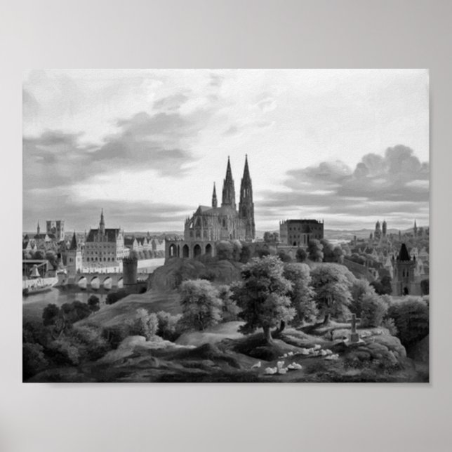 mittelalterliche Grayscale Stadt Poster (Vorne)