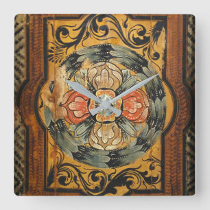 mittelalterliche hölzerne Malereikunst Vintages Quadratische Wanduhr