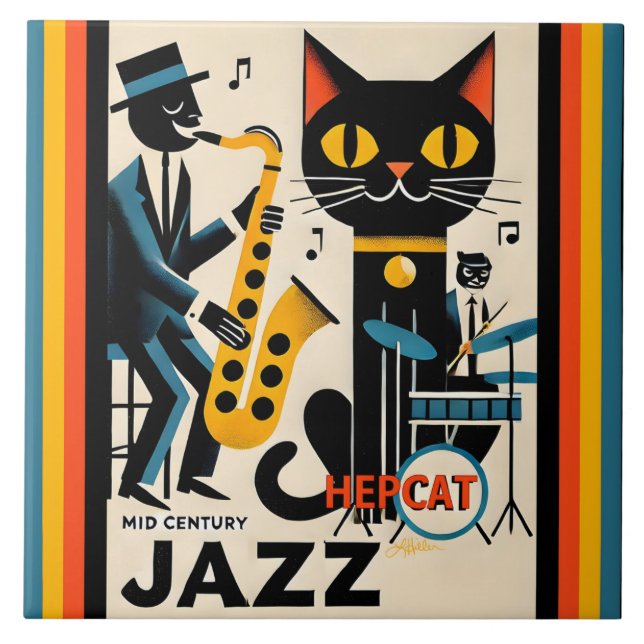Mittelalterliche Jazz-Zeitalter HepCat Black Cat Fliese (Vorderseite)