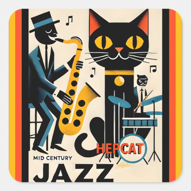 Mittelalterliche Jazz-Zeitalter HepCat Black Cat Quadratischer Aufkleber (Vorderseite)
