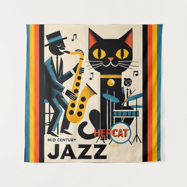 Mittelalterliche Jazz-Zeitalter HepCat Black Cat Wandteppich (Vorderseite)