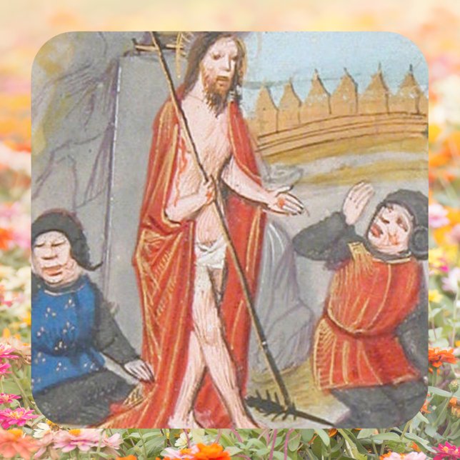 Mittelalterliche katholische Auferstehung Jesus Ch Quadratischer Aufkleber (Easter Medieval Religious Christian Catholic Resurrection Jesus Christ is risen Square Sticker)