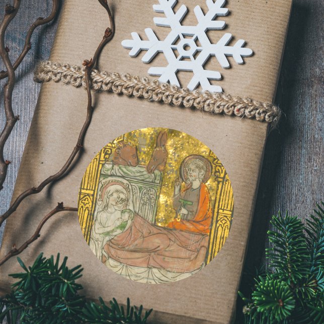 Mittelalterliche Katholische Christliche Weihnacht Runder Aufkleber (Medieval Manuscript Vintage Religious Catholic Christian Christmas Nativity Scene Gift Sticker)