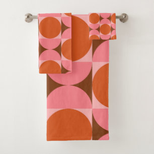 Mittelalterliche Kreise und Quadrate Rosa Orange Badhandtuch Set
